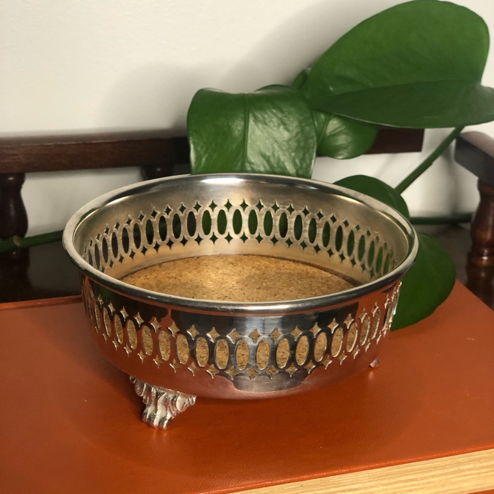 Vintage Silver Plated Footed Removable Cork Coaster Dish